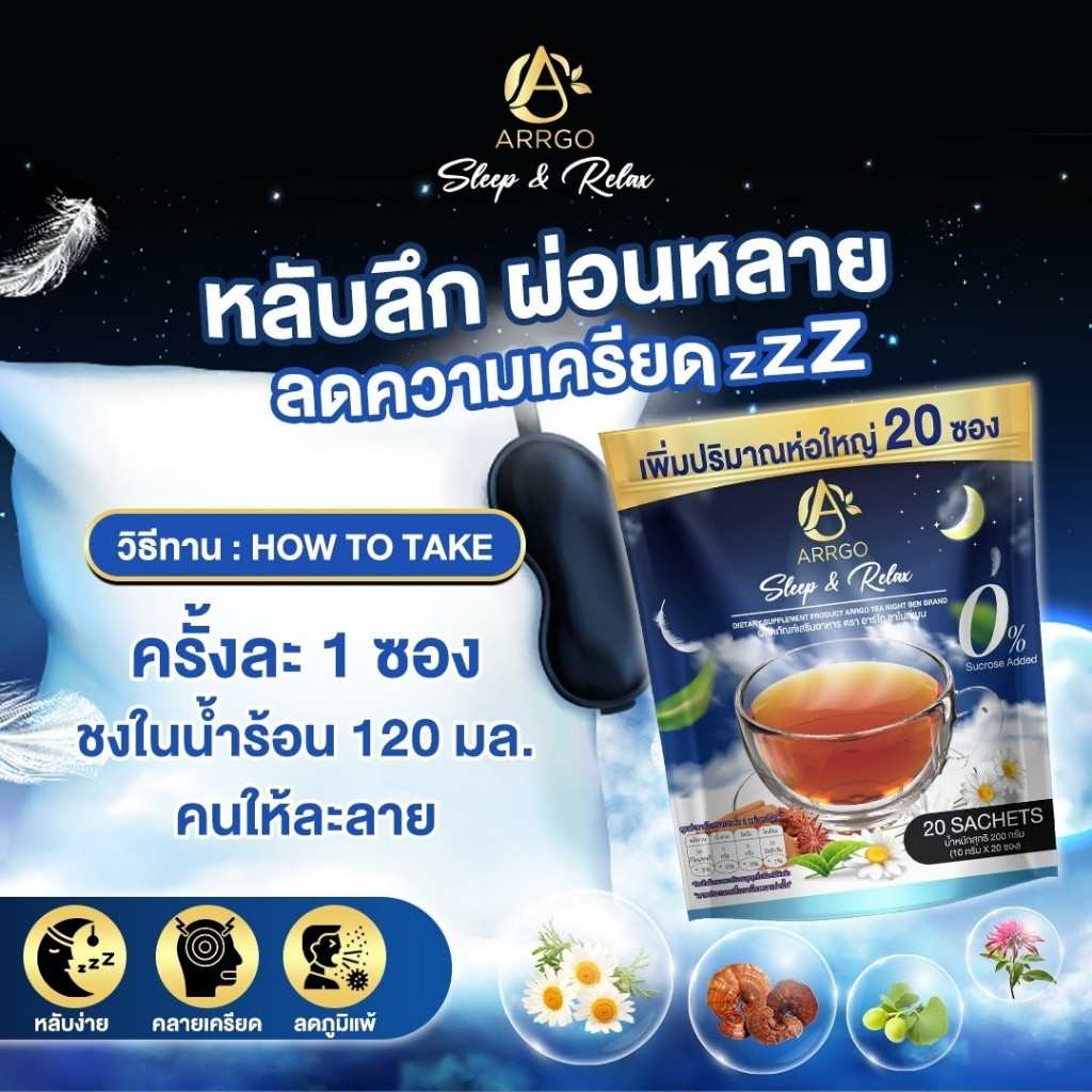 ผลิตภัณฑ์เสริมอาหาร ตรา อาร์โก้ ไนท์เบน ลดความกังวล (ARRGO NIGHT BEN BRAND) 1 ห่อใหญ่ 20 ซอง