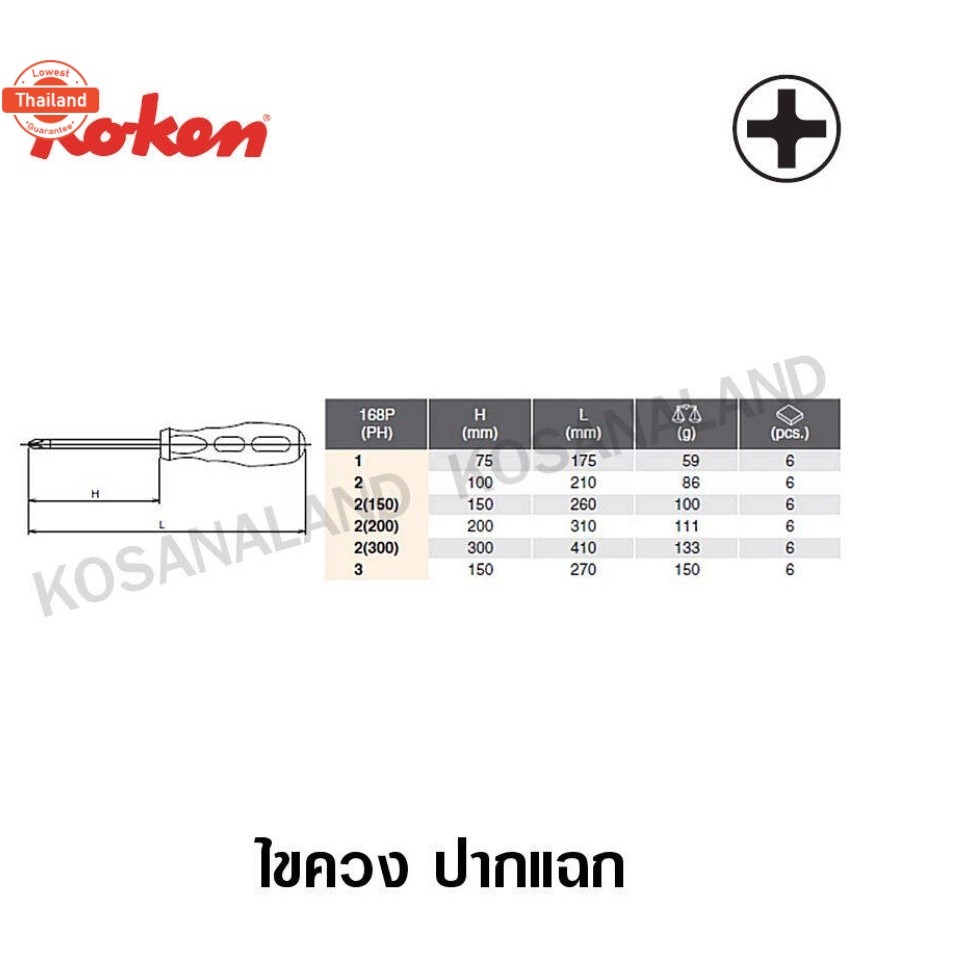 Koken ไขควง ปากแฉก ไม่ทลุ 3 นิ้ว PH1 รุ่น 168P Phillips Screwdrivers