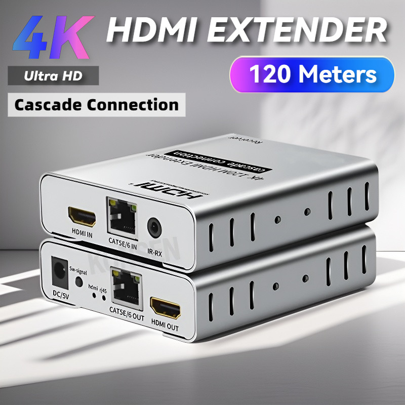 สายเคเบิลอีเธอร์เน็ต 4K HDMI Extender over Cat5e 6 RJ45 รองรับการเชื่อมต่อ Cascade HDMI Splitter Extension Video Transmitter IR 120 เมตร