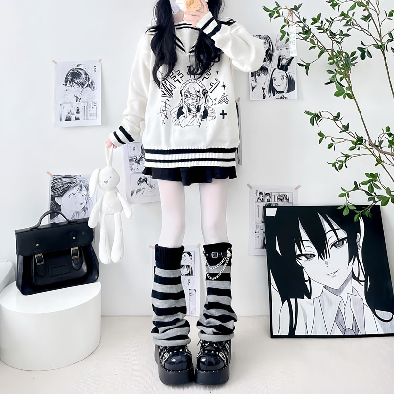 รักโซ่หนังหัวเข็มขัดถักถุงเท้าขากว้างสําหรับผู้หญิง ย2เค วัฒนธรรมย่อยขาบานชุดสีขาวบุคลิกภาพขาแหวนซ้อนกลางหลอดถุ - รูปที่ 4