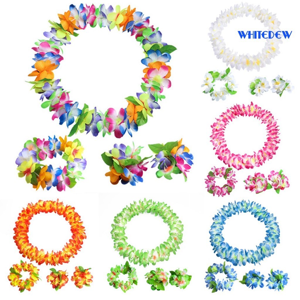 [WHT] 4 ชิ้น/เซ็ตหนา Vibrant สี 80 ชิ้นดอกไม้ฮาวาย Garland ดอกไม้ฮาวายสร้อยคอแถบคาดศีรษะสร้อยข้อมือ 