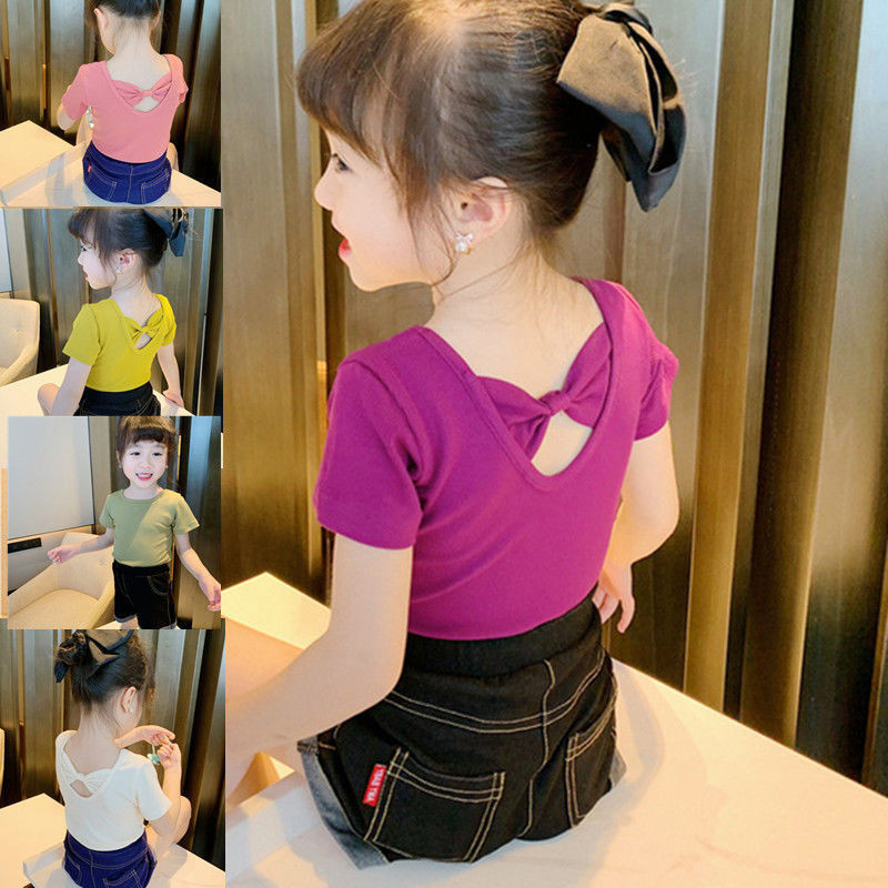 เสื้อยืดแขนสั้น ประดับโบว์ แบบเรียบง่าย แฟชั่นฤดูร้อน สําหรับเด็ก 2024