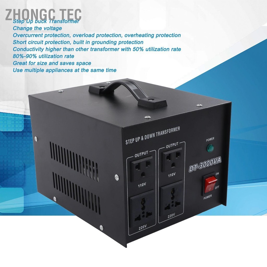 Zhongc Tec Power Transformer สีแดงขดลวดทองแดงแบบพกพา Heavy Duty Boost Buck แรงดันไฟฟ้า 110V 220V 3000W