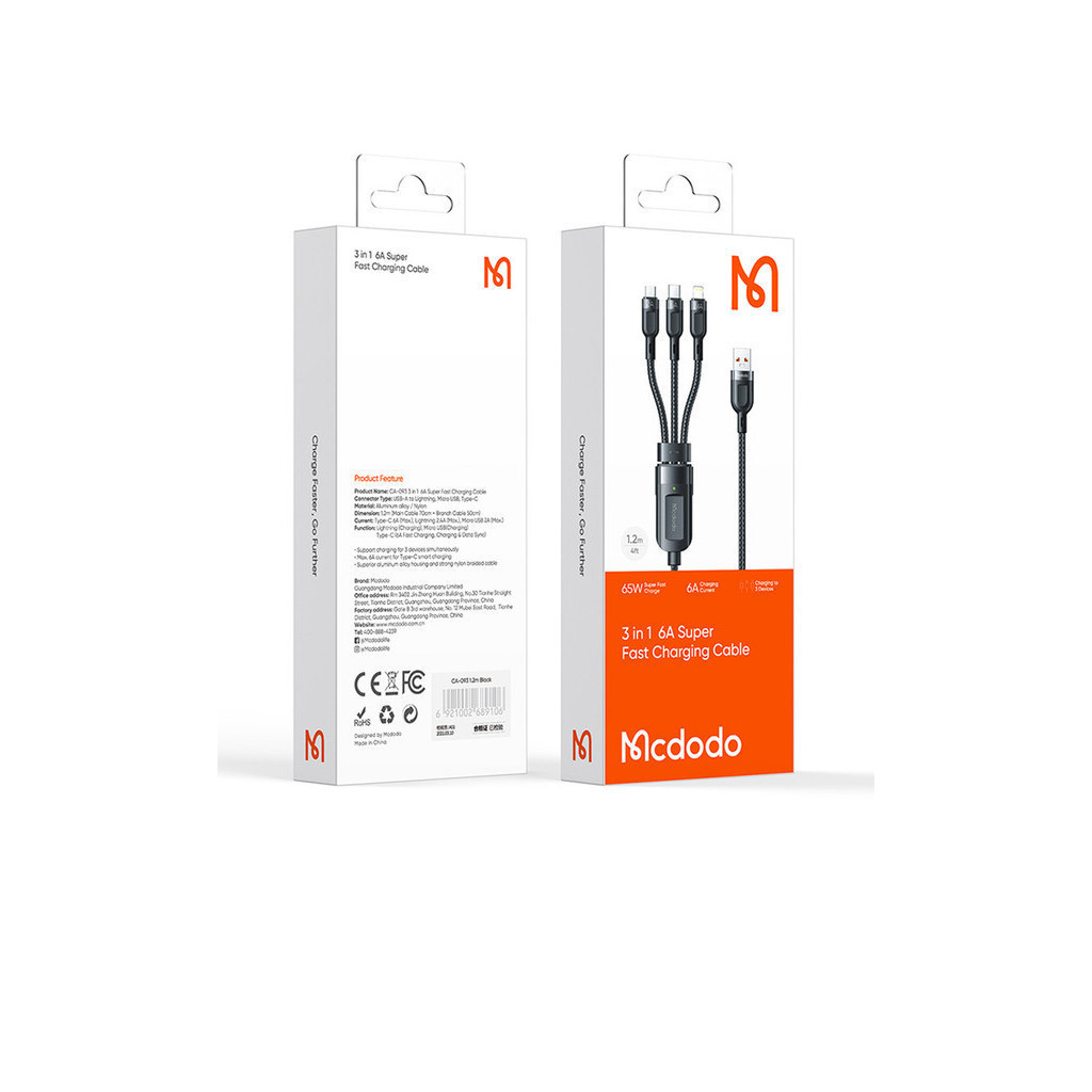 Mc-do-do CA-0930 65W 6A 3 in 1 USB-A to ip/ Micro/ Type-C สาย USB ชาร์จเร็วสุด