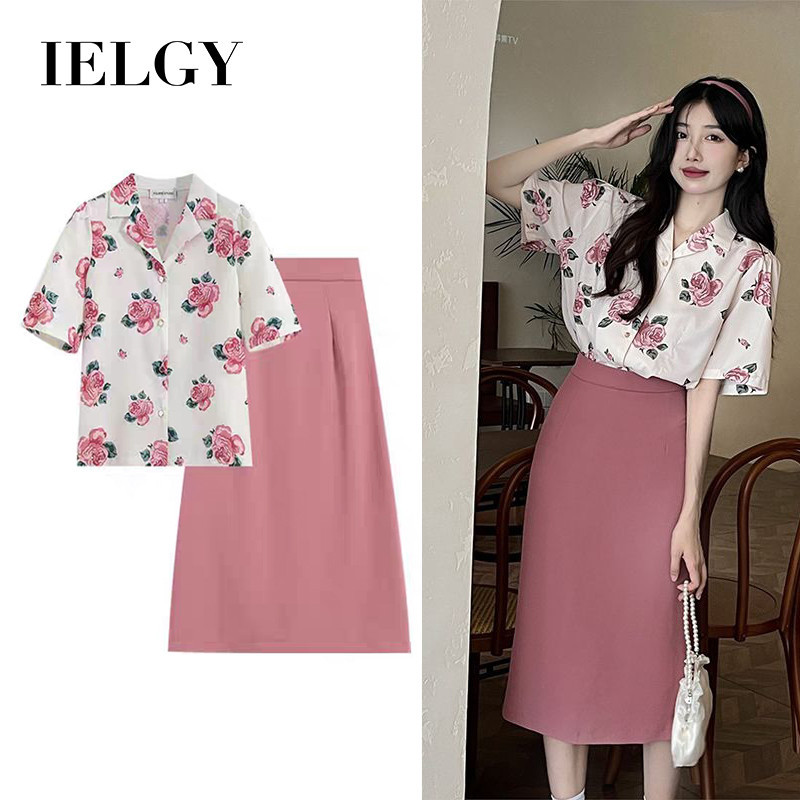 อิลกี้ เสื้อเชิ้ตลายดอกไม้กุหลาบย้อนยุคฝรั่งเศส + กระโปรงหรูหราชุดสองชิ้น [สั่งซื้อแยกต่างหาก]