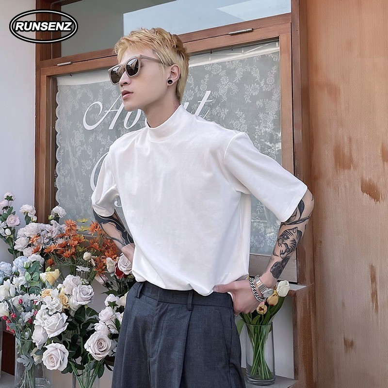เสื้อยืดแขนสั้นลําลอง คอสูง ทรงหลวม แบบเรียบ สําหรับผู้ชาย และผู้หญิง
