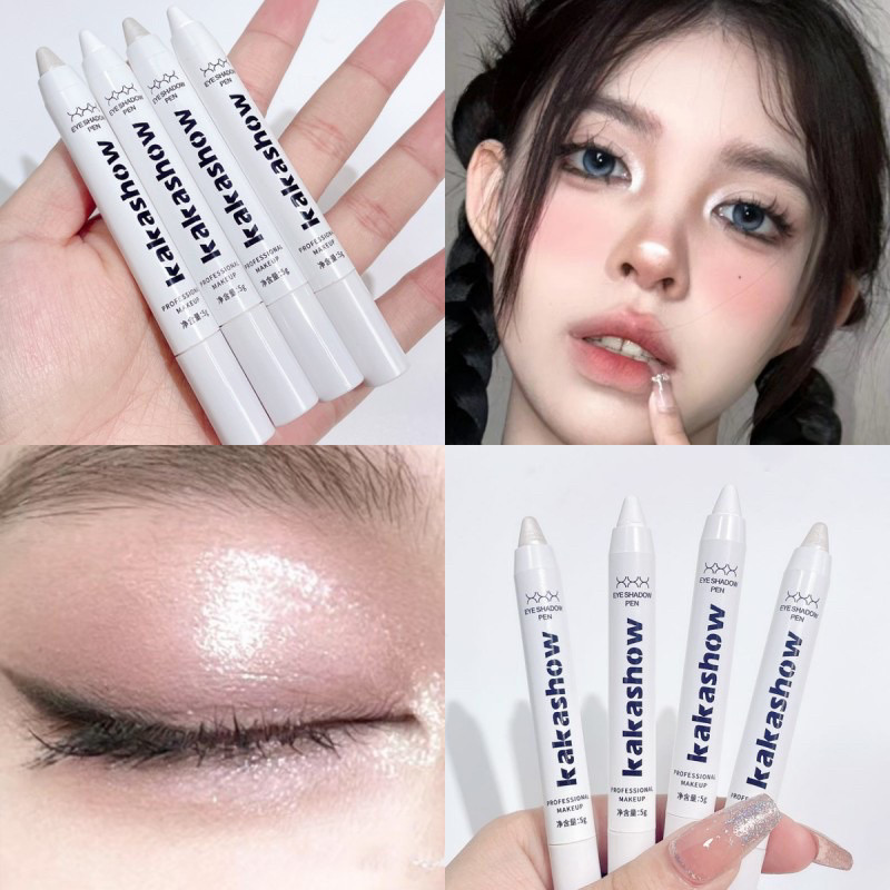 S-12✨Kakashow andปากกาอายแชโดว์ 7 สีกลิตเตอร์แวววาวชิมเมอร์ ไฮไลท์สีตาเป็นประกายกันน้ำกันเหงื่อสีสวยติดทนนาน (แท่งสีขาว)
