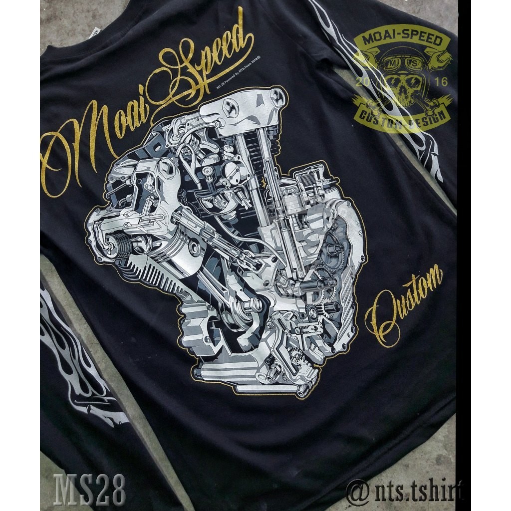 MS 28 Engine Bikers Culture  เสื้อยืด สีดำ ไบค์เกอร์ ออกทริป รถแข่ง Moai Speed T-Shirt ผ้าคอตตอน สกร