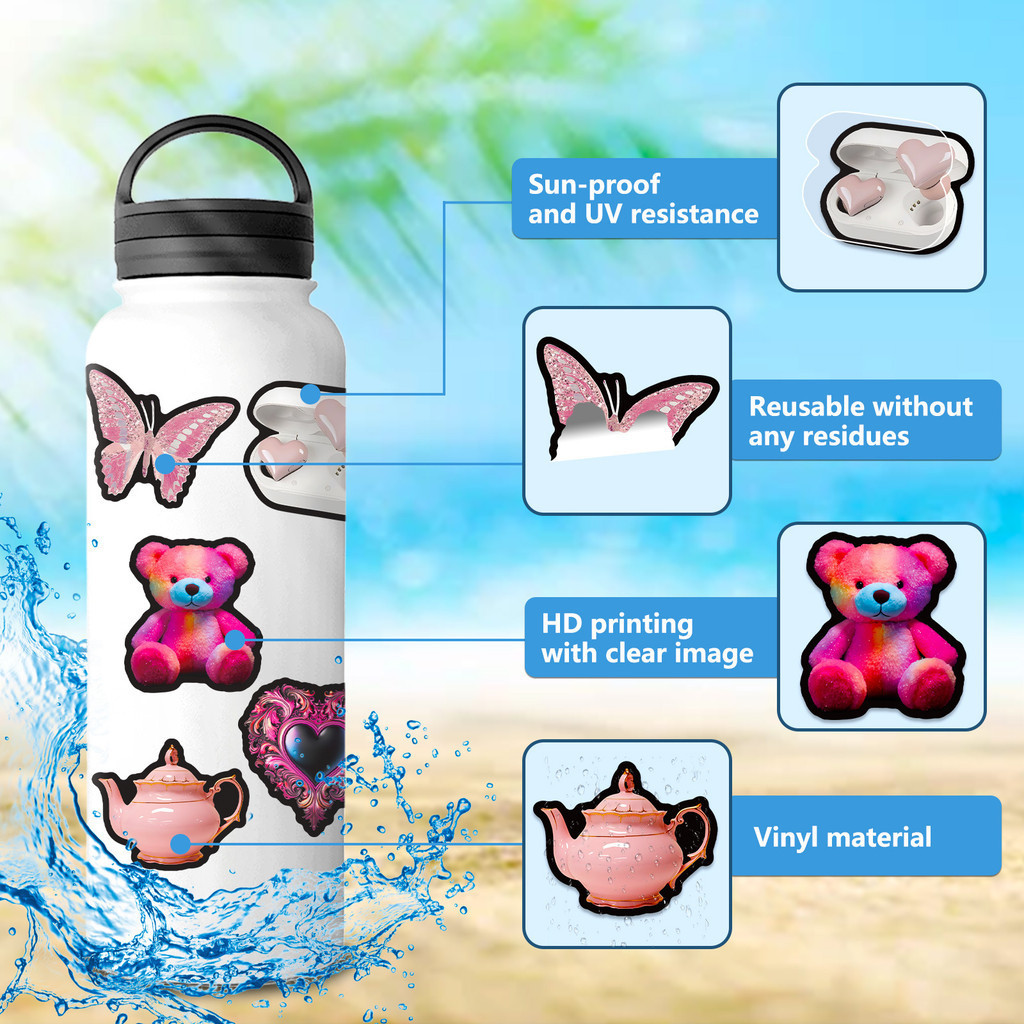 สติกเกอร์ ลายกราฟฟิตี้น่ารัก กันน้ํา สีชมพู สีมาการอง สําหรับติดตกแต่งหมวกกันน็อค จักรยาน ดินสอ 50 ชิ้น