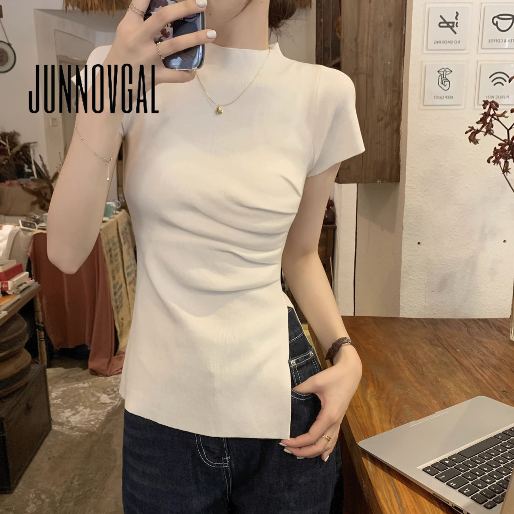 Junnovgal เสื้อยืดคอกลม แขนสั้น ผ้าถัก สีพื้น เข้ากับทุกการแต่งกาย สไตล์เรียบง่าย สําหรับผู้หญิง 2024