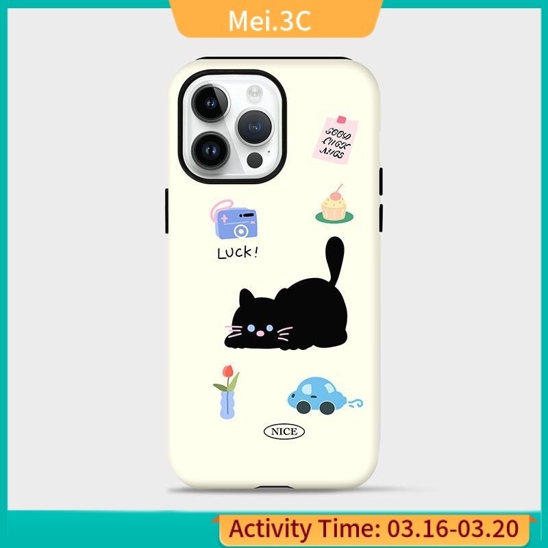 ใหม่ เคสโทรศัพท์มือถือแฟชั่น กันหล่น รอบด้าน ลายการ์ตูนแมวน่ารัก สองชั้น พรีเมี่ยม สีดํา สําหรับ iphone13 14pro 15 12 X2X0