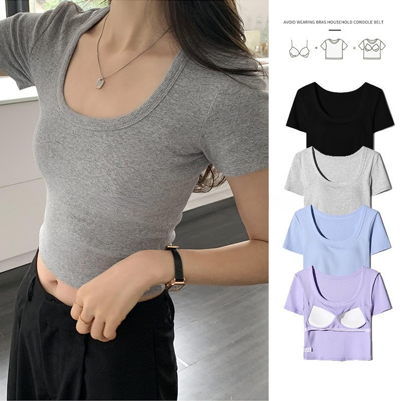เสื้อท็อปแขนสั้น คอยู แบบเข้ารูป พร้อมแผ่นรองหน้าอก ขนาดใหญ่ สําหรับผู้หญิง