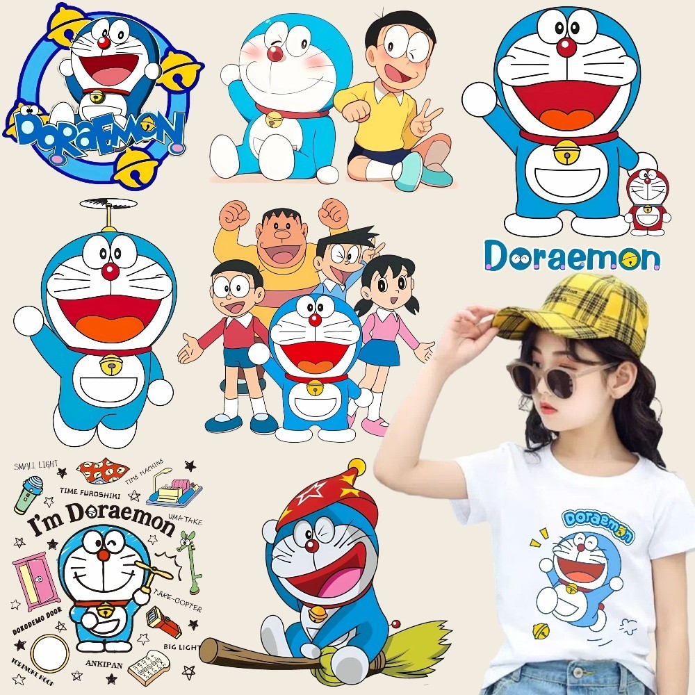 สติกเกอร์ผ้านําความร้อน พิมพ์ลายโดราเอมอน ซักล้างได้ สําหรับตกแต่งเสื้อยืด DIY