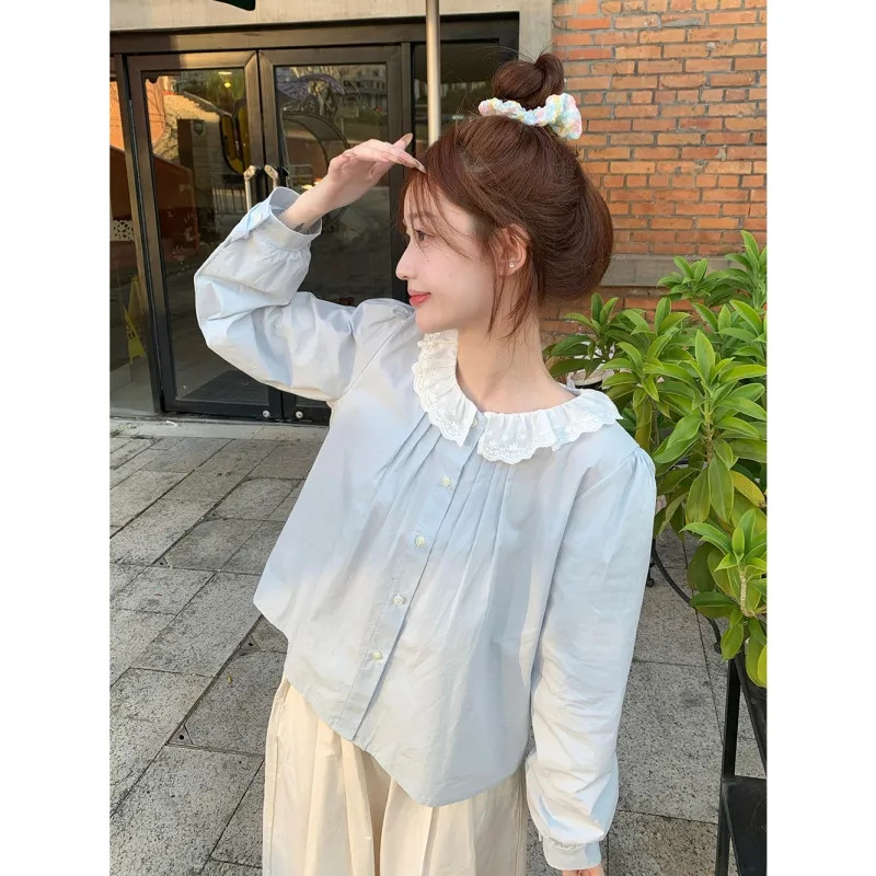 เสื้อเชิ้ตแขนยาว คอปกตุ๊กตา ทรงหลวม เข้ากับทุกการแต่งกาย แฟชั่นฤดูใบไม้ผลิ สไตล์ใหม่ สําหรับนักเรียน