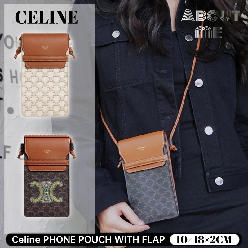 【เซลีน】 Celine PHONE POUCH WITH FLAP IN TRIOMPHE CANVAS AND LAMBSKIN กระเป๋าใส่โทรศัพท์มือถือสำหรับผู้หญิง