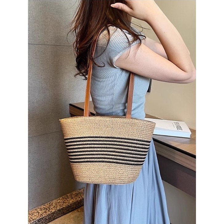 พร้อมส่ง 3 ลาย กระเป๋าสาน สายยาว สานลาย ทรงshoppping bag minimal P259
