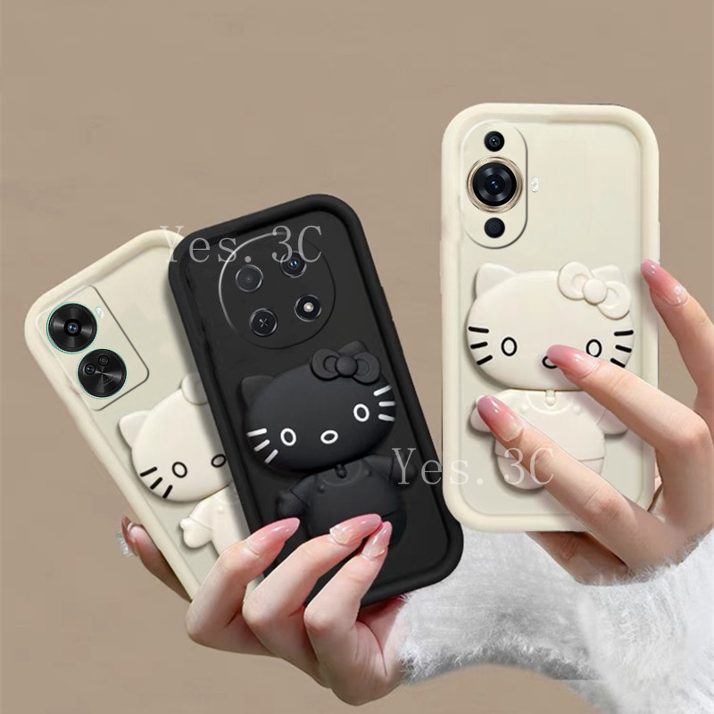 ใหม่ เคส Case Huawei Nova 12i 12s 12 SE 11i 11 Pro 10 Pro SE 9 SE เคสโทรศัพท์ มือถือแบบนิ่ม กันกระแทก ลายแมว 3D พร้อมกระจกแต่งหน้า และขาตั้ง แฟชั่นเรียบง่าย สําหรับ 2024