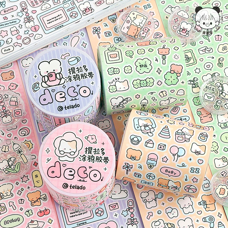 Mr. Paper กระดาษม้วน 500 ซม./ม้วน เทปเยื่อกาว การ์ตูนน่ารัก แบร์แรบบิท ชุดตก แต่งดอกไม้นำโชคตัดเทป รูปแบบมินิ วัสดุตก แต่งภาพถ่ายขนาดเล็กของขวัญ กล่องเครื่องเขียนหูฟังตก แต่งเทป