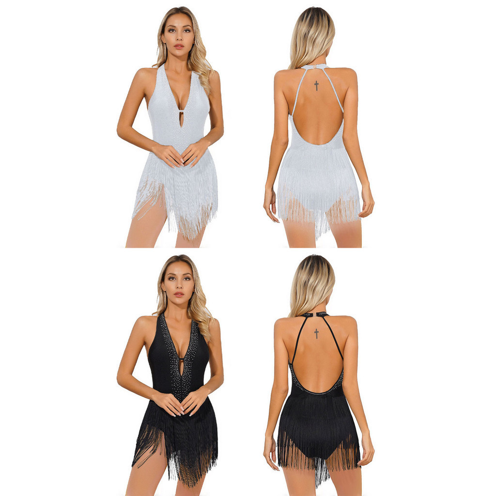 Yeahdor สตรีพู่ละตินเต้นรํา Leotard ชุดลึก V คอ Backless Fringed บอดี้สูทการแสดงบนเวทีเครื่องแต่งกาย