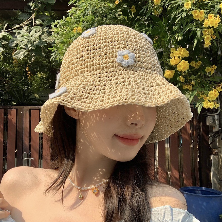 หมวกฟางสานลําลอง ลายดอกไม้ สีฟ้า สไตล์เกาหลี เหมาะกับเดินชายหาด แฟชั่นฤดูร้อน สําหรับผู้หญิง
