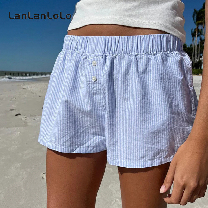 Super SPECIAL LanLanLoLo กางเกงขาสั้น ลําลอง ทรงหลวม แต่งกระดุม สีคอนทราสต์ สําหรับสตรี 2024