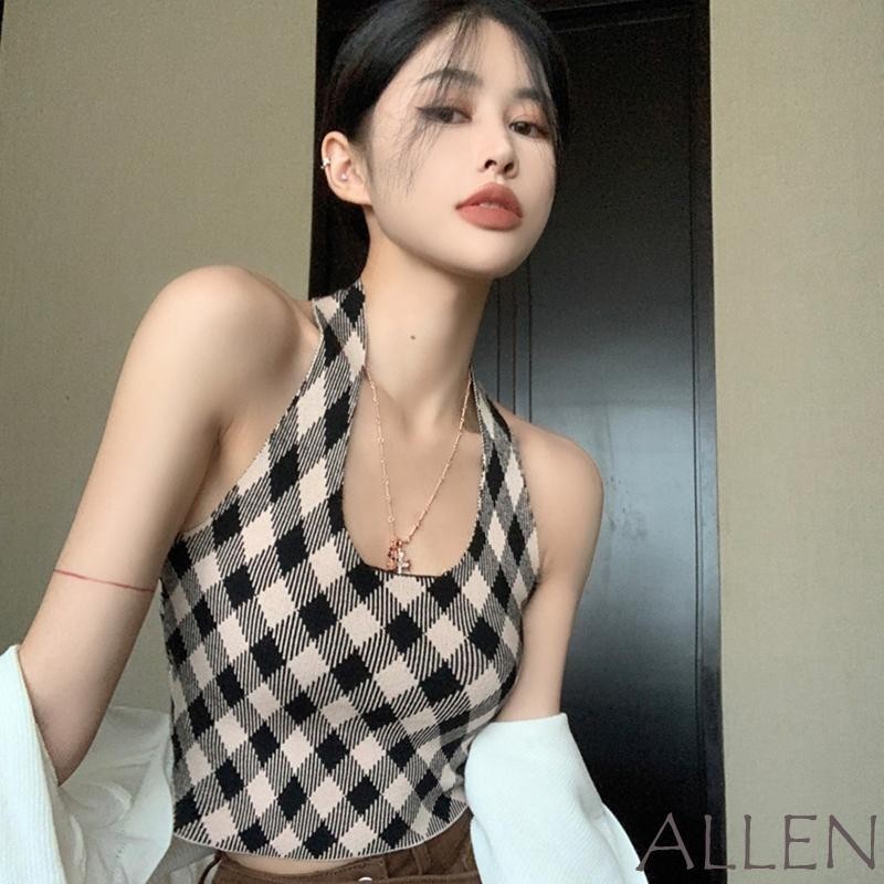 Allen-ชุดนอนสตรีฤดูร้อนเสื้อกล้ามแขนกุด Halter Neck Crop Tops ลายสก๊อต Streetwear