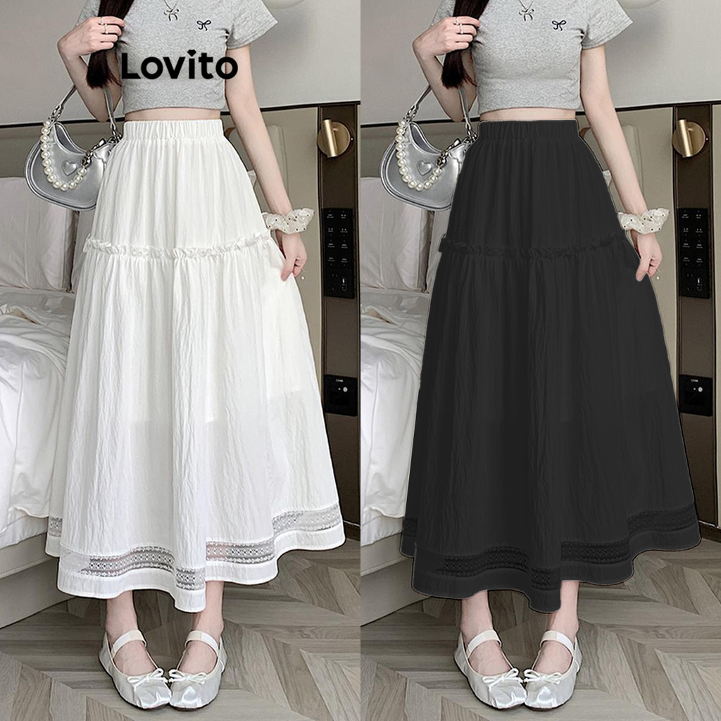 Lovito กระโปรงผู้หญิง แต่งลูกไม้ สีพื้น สไตล์ลำลอง LNE60461(หลากสี)