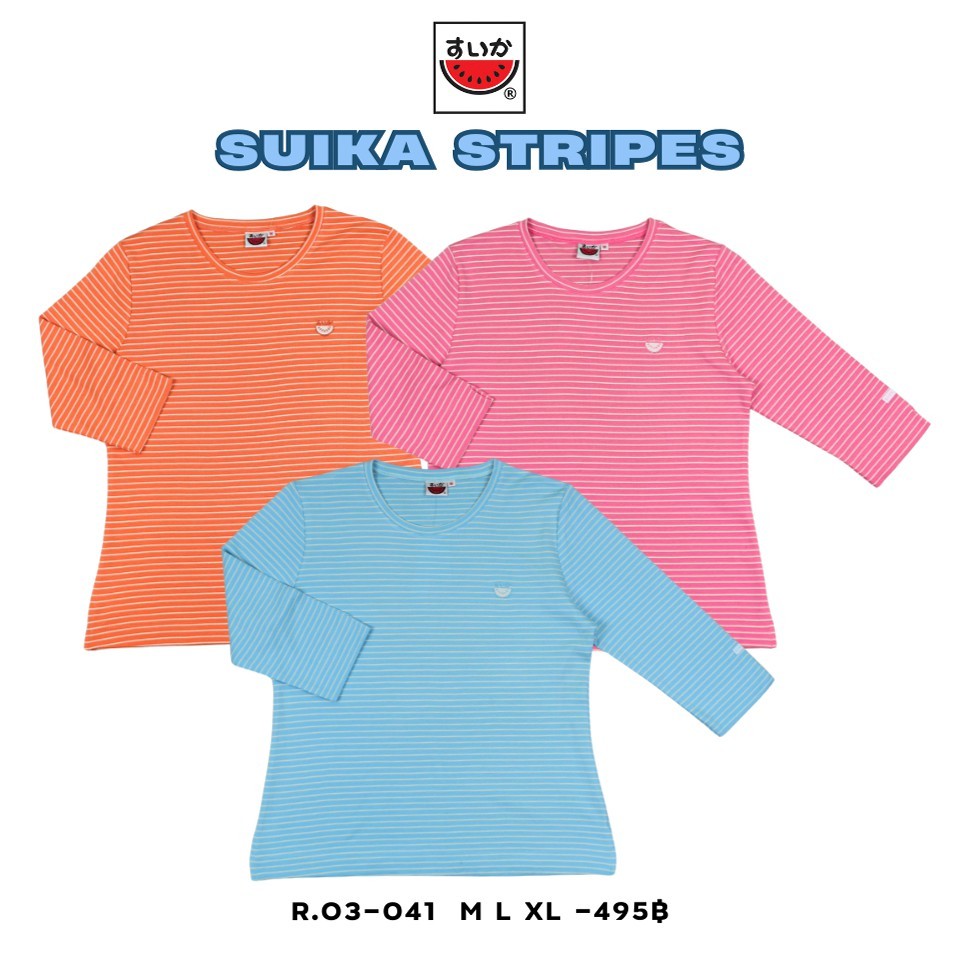 เสื้อแตงโม (SUIKA) - เสื้อแตงโม ริ้วคอกลมแขนสามส่วน ปักแตงโมตรงอก R.O3-041
