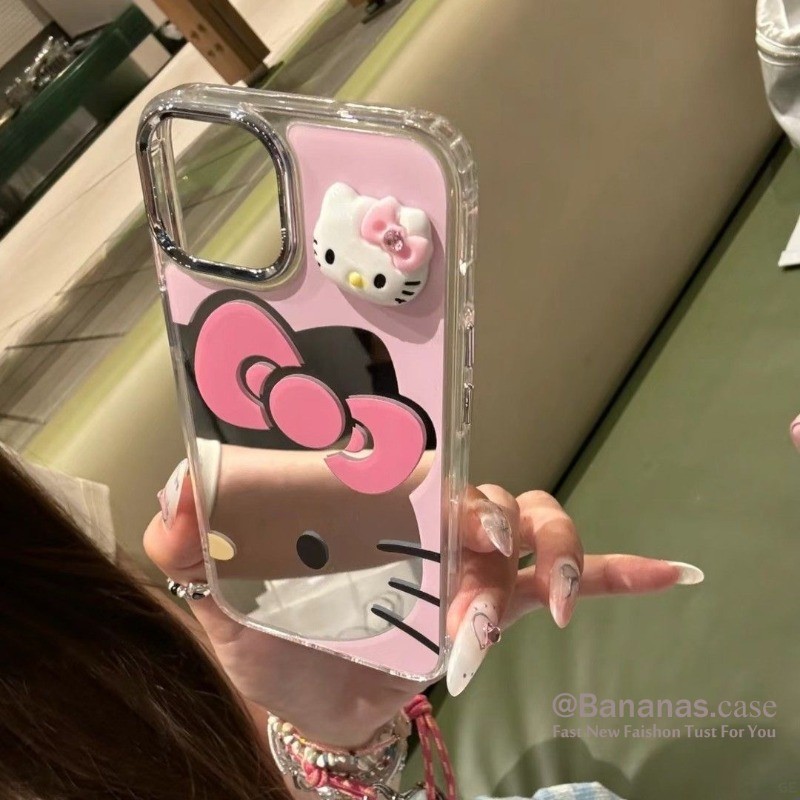 หัวใจสีชมพู KT แมวกระจกเคสโทรศัพท์สําหรับ iPhone 16 15 14 13 12 11 Pro Max X Xr XsMax 7 8 Plus