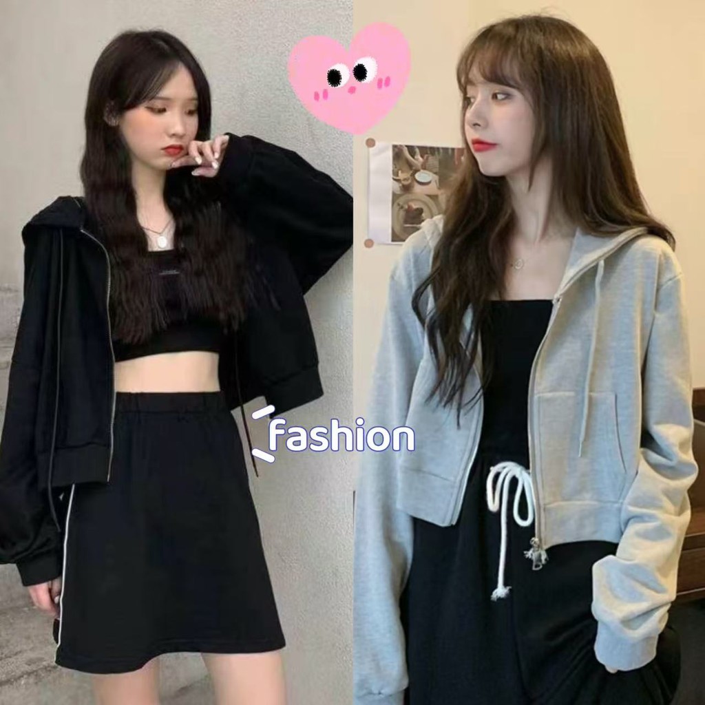 พร้อมส่ง เสื้อครอปแขนยาวมีซิ oversize เสื้อมีฮู้ดสีพื้น  เสื้อแฟชั่นผู้หญิงสไตล์เกาหลี เสื้อผ้าร่ม M