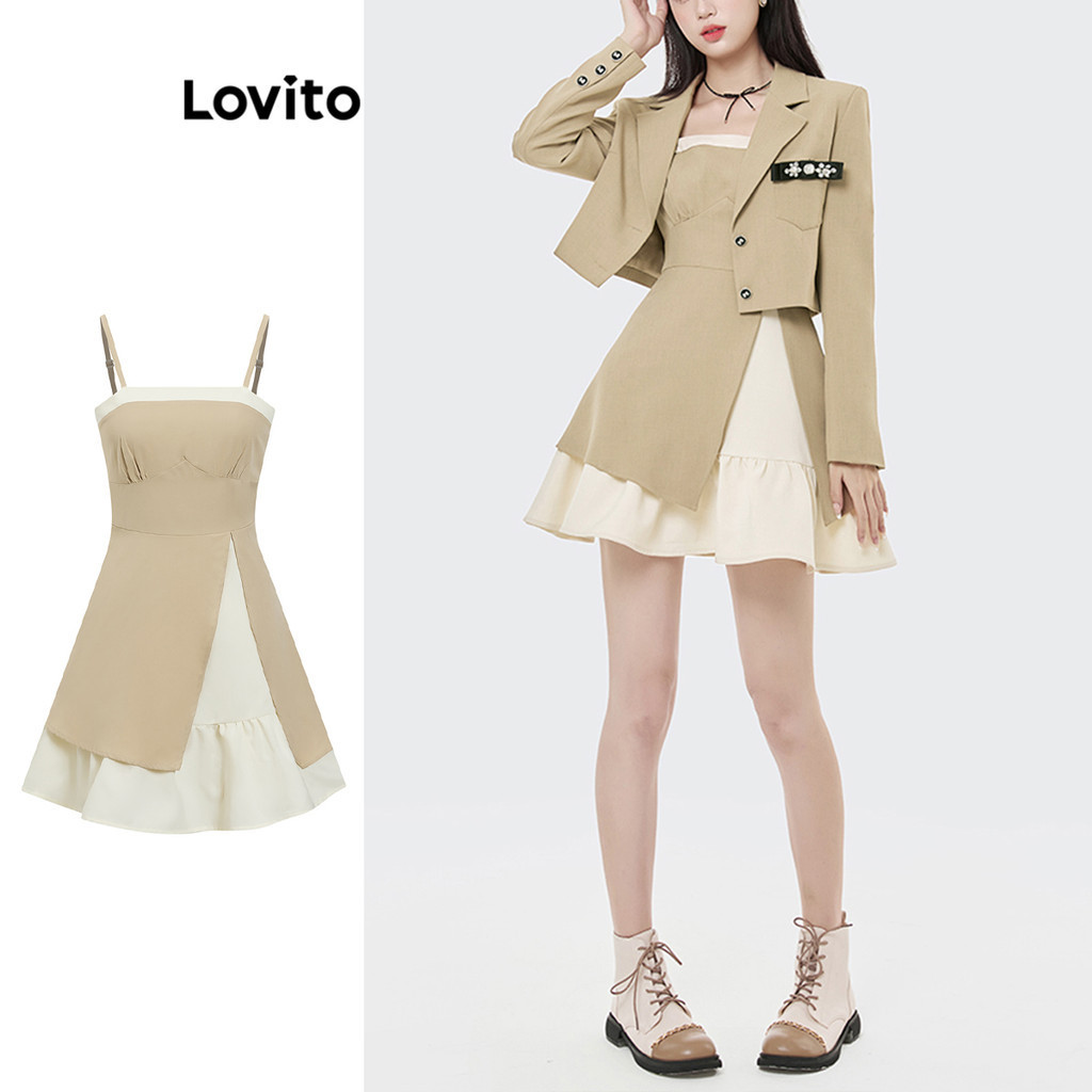 Lovito ชุดเซ็ทเดรส ชายระบาย พร้อมเสื้อคลุม มีกระดุม แต่งกระเป๋า สีพื้น สไตล์น่ารัก สำหรับผู้หญิง L76AD119