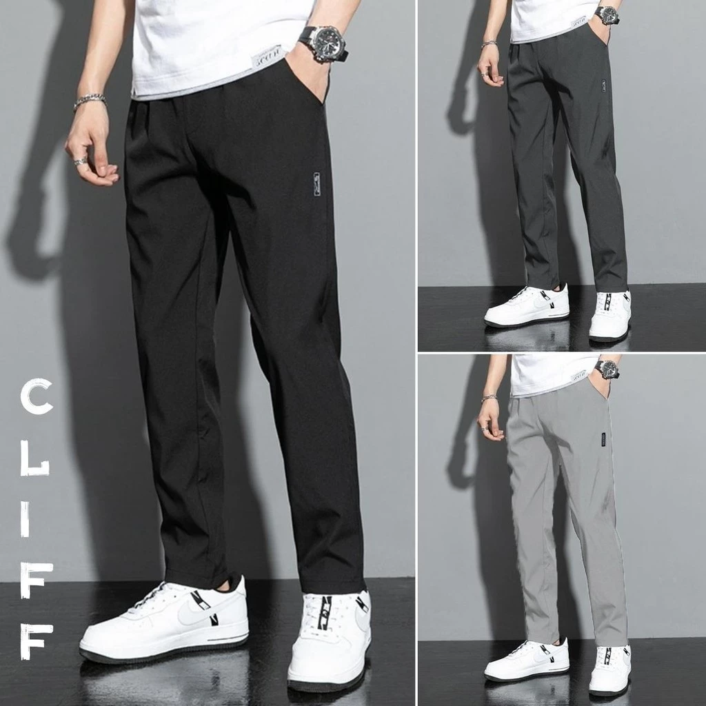 CLIFF -COD✅กางเกงผู้ชาย ผอมเพรียว ผ้านุ่มและสะดวกสบาย การตกแต่งฉลากขนาดเล็ก Casual Plain Black