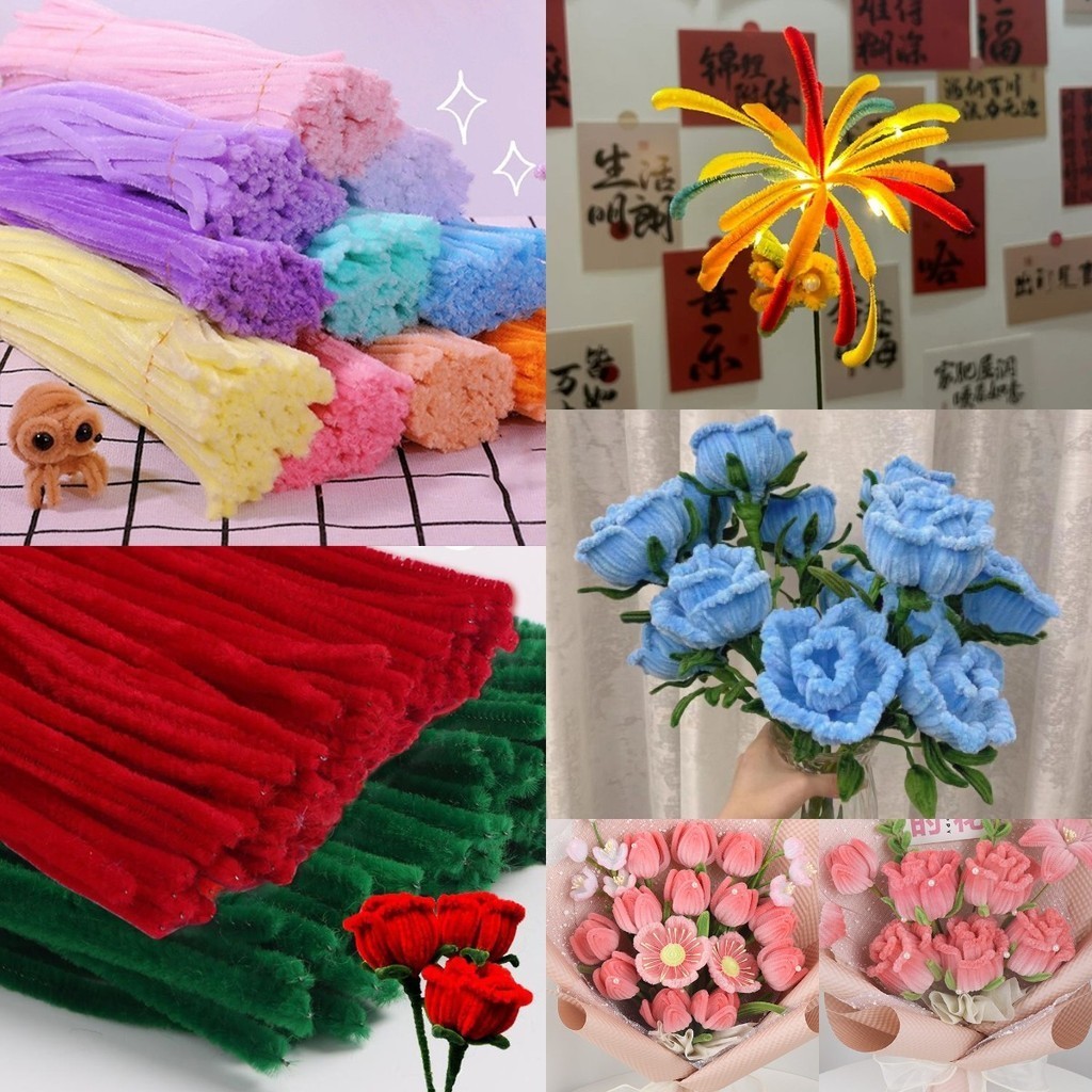 ลวดกำมะหยี่ 100 ชิ้น เซทลวดกำมะหยี่ ที่มีสีสัน Chenille ก้านท่อทําความสะอาด ท่อลวดเลื้อย เด็ก ของเล่นเพื่อการศึกษา เด็ก อุปกรณ์งานฝีมือ DIY