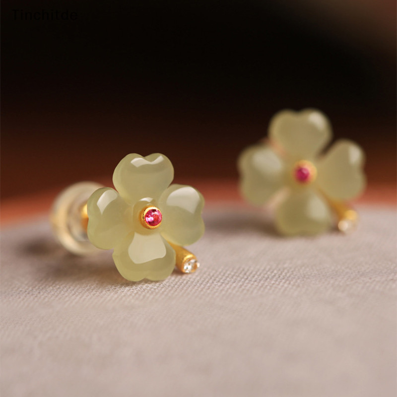 [Tinchitde] ต่างหูสตั๊ด หยกเทียม สี่แฉก นําโชค ออกแบบดี เรโทร เครื่องประดับแฟชั่น สําหรับผู้หญิง [Preferred]