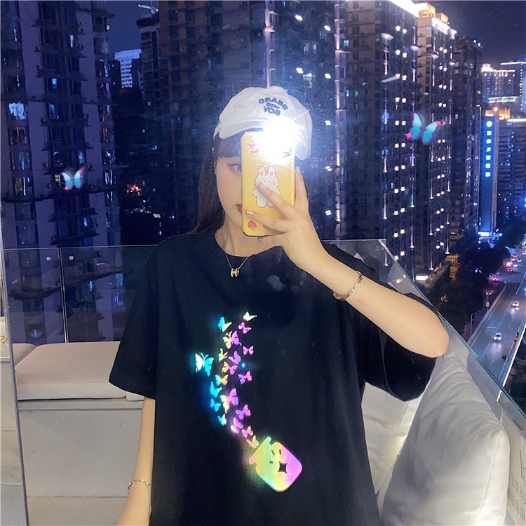 MAO SHOP เสื้อยืด สะท้อนแสง Oversize ผ้าCotton 100% แฟชั่นสไตล์เกาหลี T-Shirt