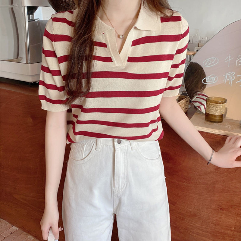 ใหม่ เสื้อกันหนาว คอปกโปโล แขนสั้น ลายทาง ทรงหลวม แบบลําลอง แฟชั่น