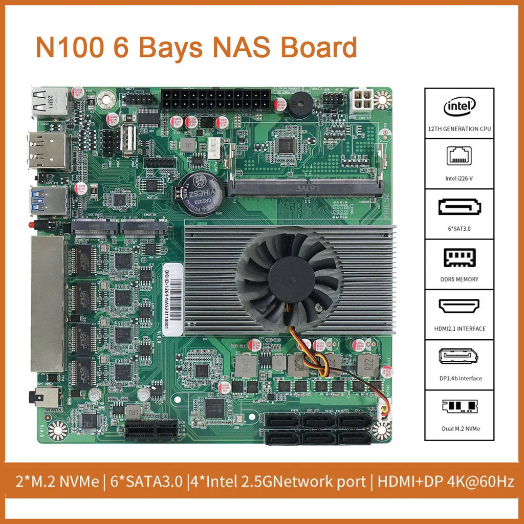 N100 NAS DDR5 6 x SATA3.0 4X Intel I226 2,5G Mini ITX 17x17CM 2 x M.2 1xpcie เมนบอร์ดสําหรับเราเตอร์