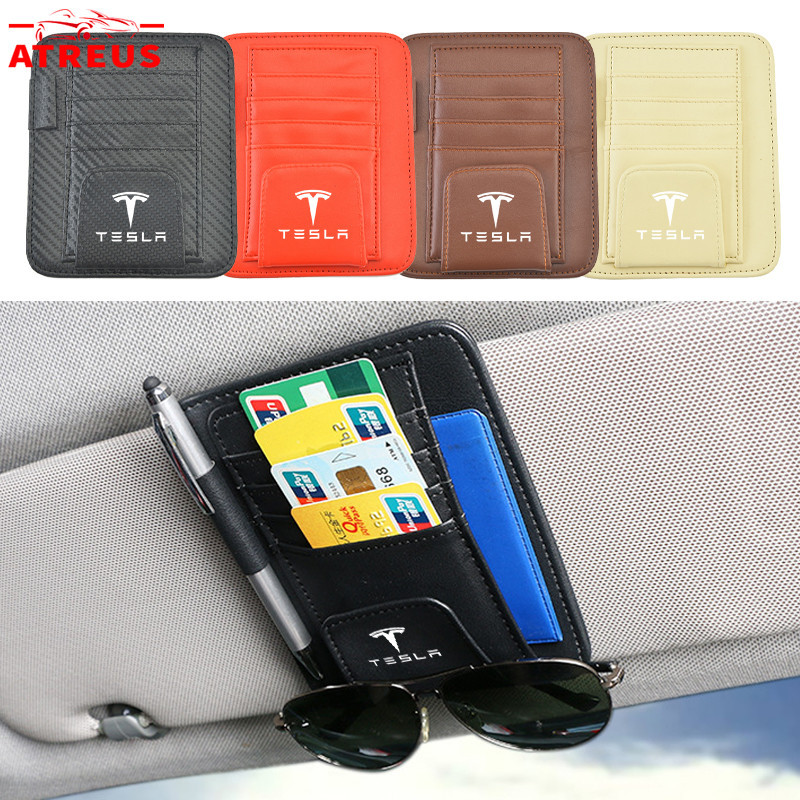 Tesla ที่เก็บบัตรในรถยนต์ ที่บังแดดรถยนต์ ที่เก็บของในรถ หนัง PU สากล ที่ใส่เก็บบิล ปากกา นามบัตร กล่องแว่นกันแดด สำหรับ Tesla Model 3 Y S X 2023 2024
