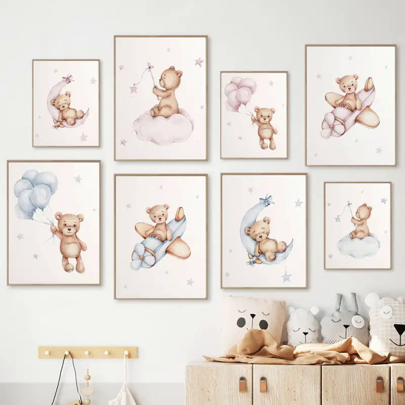 สีชมพูสีฟ้าหมีดวงจันทร์บอลลูนโปสเตอร์เนอสเซอรี่พิมพ์ Wall Art ภาพวาดผ้าใบ Nordic ใหม่เด็กทารกห้องนอน Playroom Decor