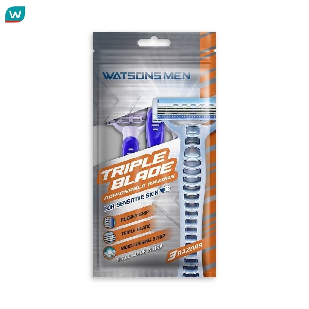 Watsons วัตสัน เม็น ทริปเปิ้ล เบลด ดิสโพซะบัล เรเซอร์ส มีดโกนสำหรับผู้ชาย แพ็ค 3 ชิ้น.