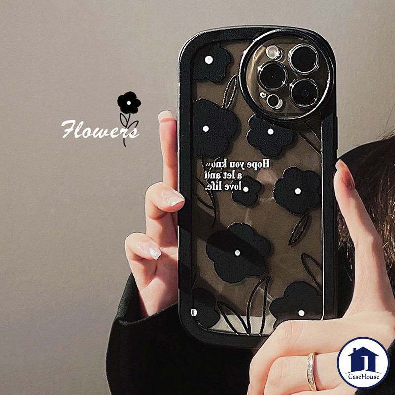 ส่งจากไทย ศิลปะ สีดำ ดอกไม้ อ่อนนุ่ม กรณี เข้ากันได้สำหรับ iPhone 11 15 7 8 Plus XR 15 13 14 12 11 Pro Max X XS Max