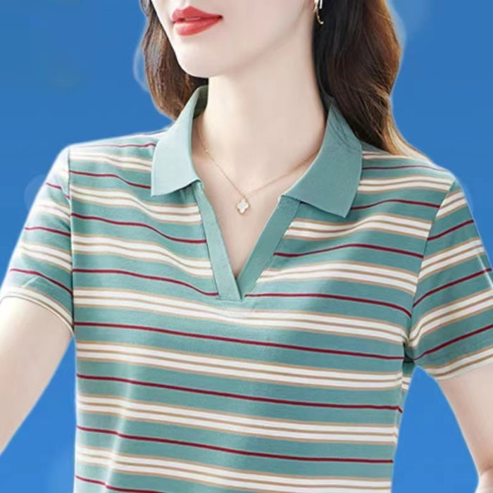 รุ่นล่าสุด มันสวยมาก เสื้อลายทาง แขนสั้น เสื้อโปโล 4สี M~5XL