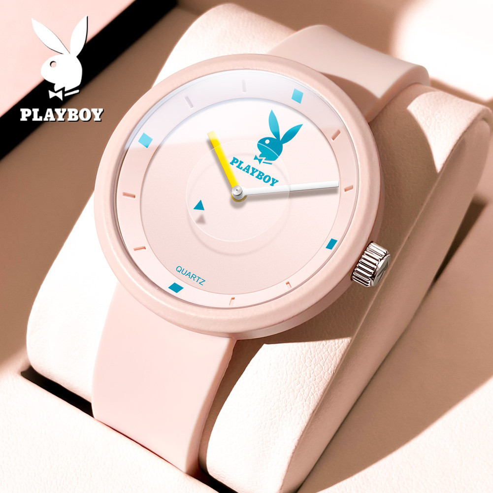 Playboy นาฬิกาข้อมือควอตซ์แฟชั่น สายซิลิโคน 100% กันน้ํา หรูหรา สีชมพู ขาว ดํา สําหรับคู่รัก ของขวัญวันเกิด 3059 8fwp
