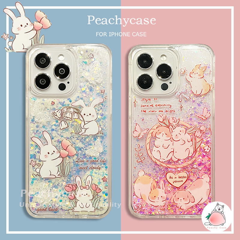 เคสโทรศัพท์มือถือแบบแข็ง มีทรายไหล เรืองแสงในที่มืด กันกระแทก ลายดอกไม้ กระต่าย สไตล์เกาหลี สําหรับ iPhone 15 14 Plus 13 12 11 Pro Max 15pro
