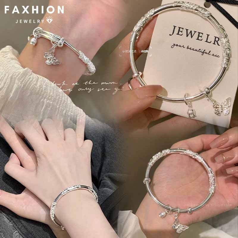 Faxhion หรูหรา สีเงิน กําไลข้อมือ สําหรับผู้หญิง หัวใจ ผีเสื้อ พู่ เปิด สร้อยข้อมือ เครื่องประดับ