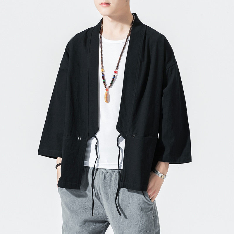 เสื้อแจ็กเก็ตกิโมโนลําลอง ผ้าฝ้าย และผ้าลินิน แบบดั้งเดิม แฟชั่นคลาสสิก สไตล์สตรีท สําหรับผู้ชาย