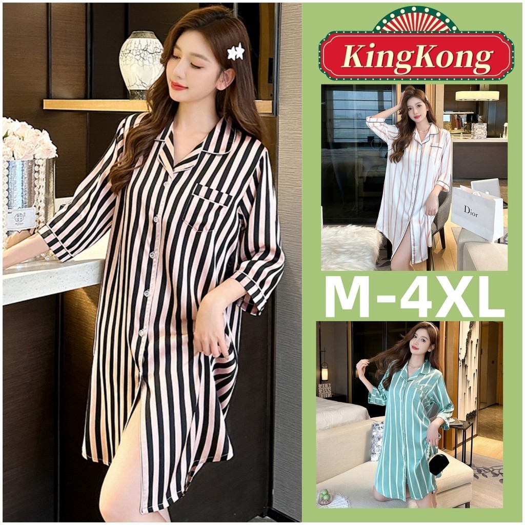 ชุดนอนผ้าไหมซาติน แขนสั้น ลายทาง แบบบาง พลัสไซซ์ แฟชั่นฤดูร้อน สําหรับผู้หญิง ไซซ์ M-4XL