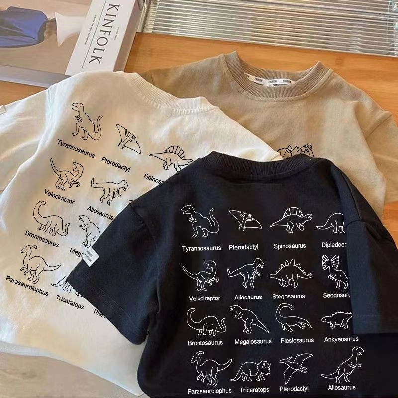 เสื้อยืดแขนสั้นลําลอง ผ้าฝ้ายแท้ แบบบาง พิมพ์ลายการ์ตูนไดโนเสาร์ แฟชั่นฤดูร้อน สไตล์เกาหลี สําหรับเด็กผู้ชาย