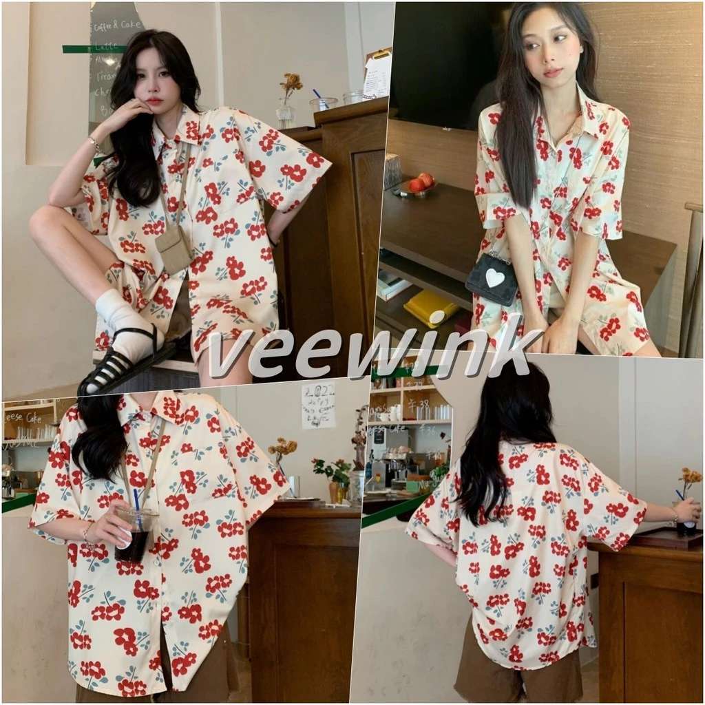 Veewink เสื้อเชิ้ตฮาวายผู้หญิง ลายดอกไม้สีแดง แขนสั้น