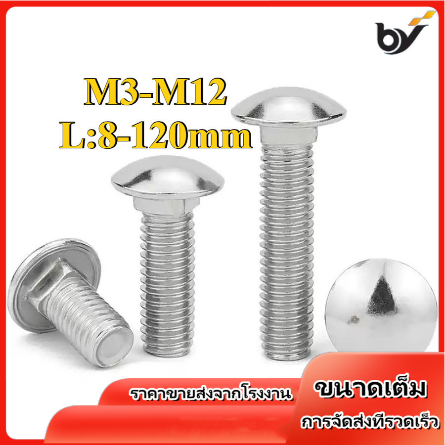 สกรู น็อต หัวกลม คอเหลี่ยม  สแตนเลส304 / Cup Head Square Neck Bolt M3/M4/M5/M6/M8/M10/M12 (BY-DM-W)
